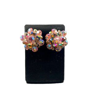 Vintage Pink and Topaz Aurora Borealis Clip Clusters Earrings Gold Tone Setting